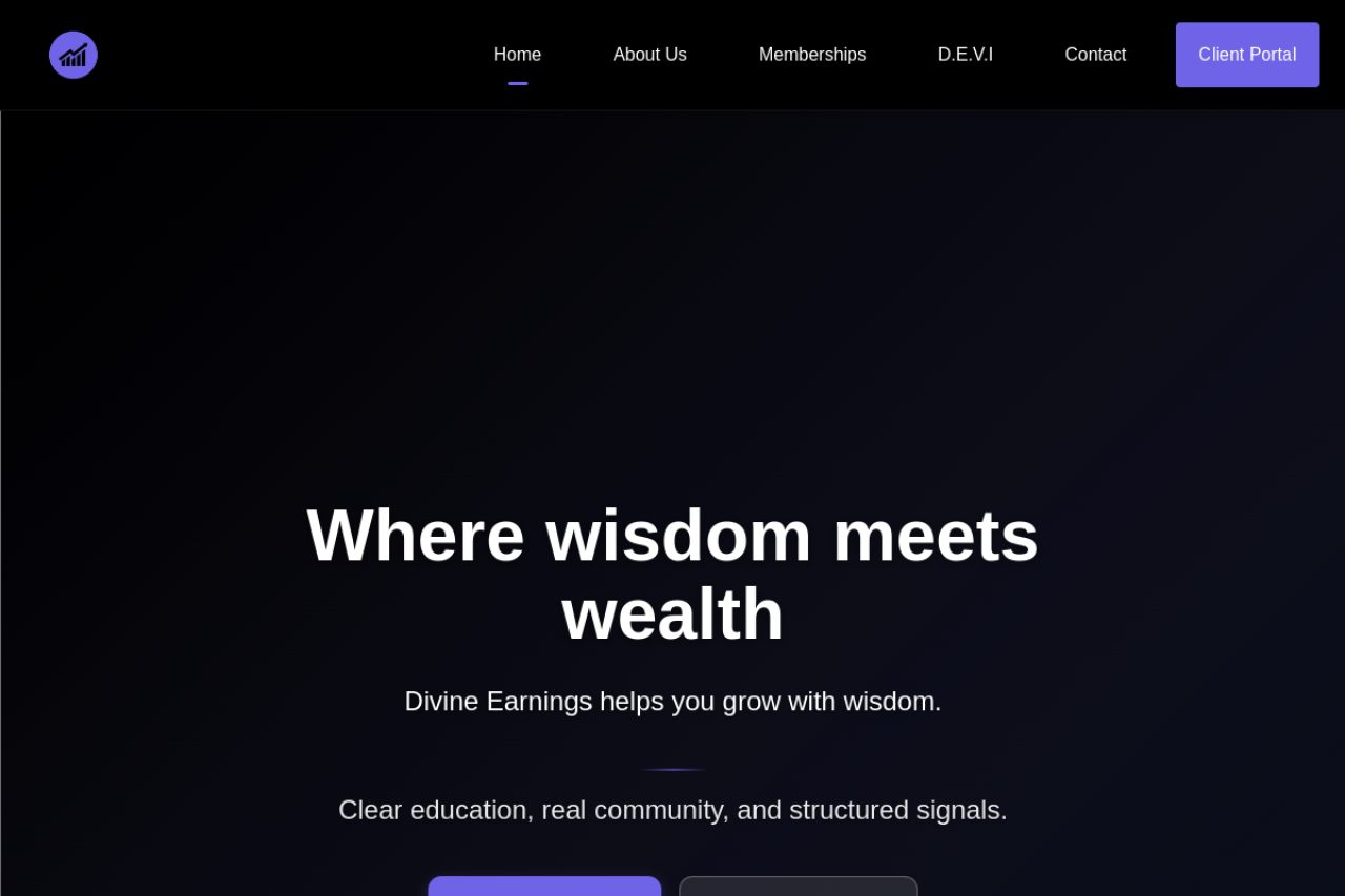 Divine Earnings homepage — trading and investment education