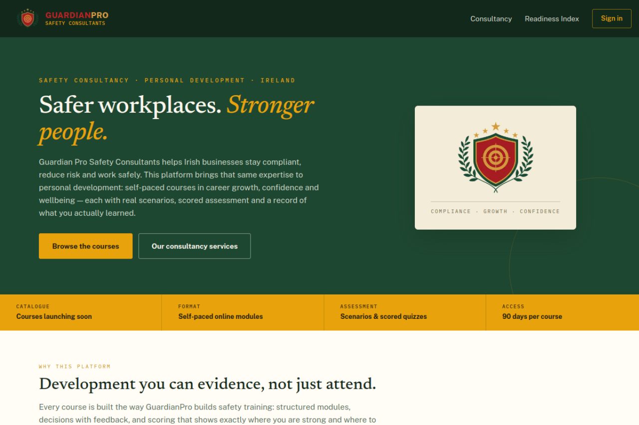 GuardianPro Training homepage — safety consultancy and course platform